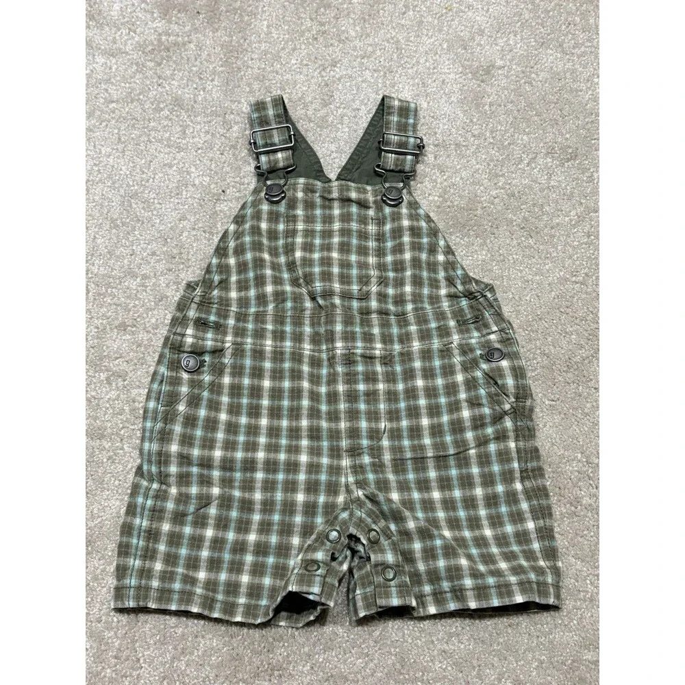 Boys GYMBOREE 2008 green plaid short overalls 3 6 months‎